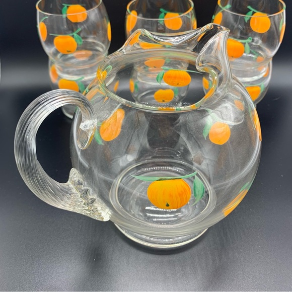 Vintage Hand Painted Miniature Orange Juice Pitcher And 4 Glass Set - Picture 5 of 12
